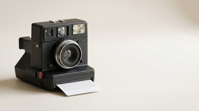 Classic instant camera with print emerging on light background