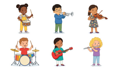 Diverse children playing musical instruments cartoon vector set © tere