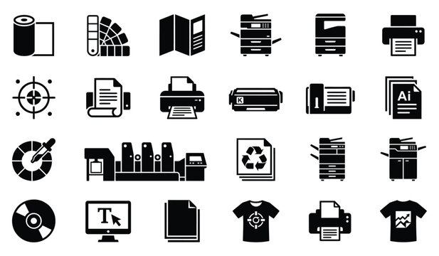 Printing Industry Black and White Vector Icons Set