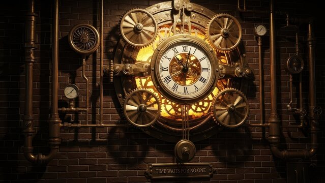 Intricate steampunk clockwork mechanism against brick wall