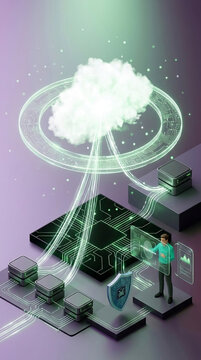 3D render of a data cloud, circuit board, server, and man interacting with technology, symbolizing digital connection, security, and innovation