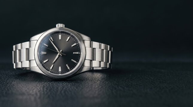 Sleek Silver Wristwatch with Dark Dial on Black Background