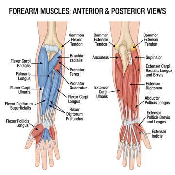 Detailed anatomical illustration showing the anterior and posterior views of human forearm muscles with clear labels for medical educational purposes