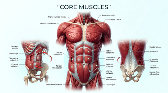 Detailed anatomical illustration showing the complex core muscle group structure of the human torso with clear medical labels and arrows