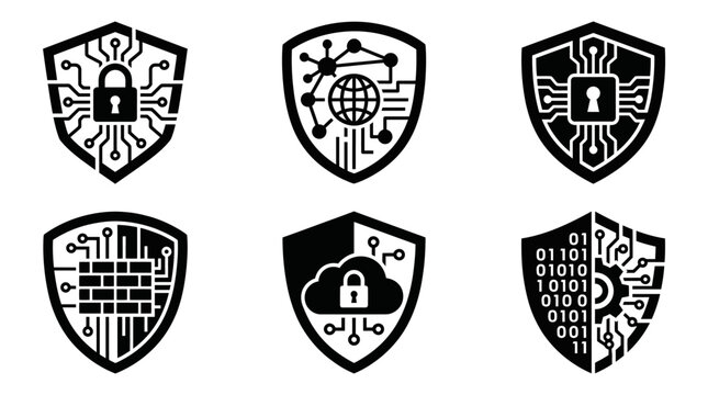 Cybersecurity shield icons featuring padlock cloud and circuit patterns