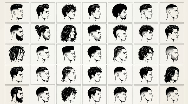 Diverse collection of male hairstyle profiles and barber haircuts