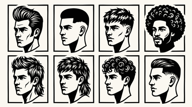 Men with various trendy haircuts and hairstyles in profile view