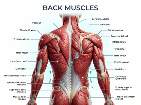 Detailed anatomical illustration showing the complex human back muscles with scientific labels for educational purposes in a medical textbook style