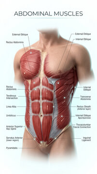 Detailed anatomical illustration showing the complex human abdominal muscles with clear labels for medical education and scientific fitness study purposes