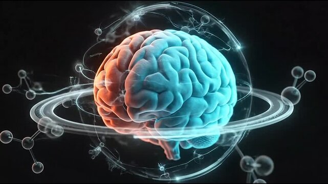 Scientific brain model surrounded by orbital digital rings.