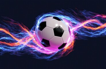 Fototapeta premium Dynamic Soccer Ball with Colorful Energy Trails and Abstract Glowing Light Effects on Dark Background for Sports Concept