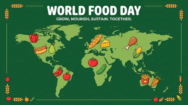 World food day map concept with diverse food items located on world map continents.