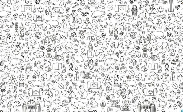 Canada-Themed Doodle Pattern Coloring Page with Wildlife, Indigenous Symbols, Flags, Nature Elements and Cultural Icons