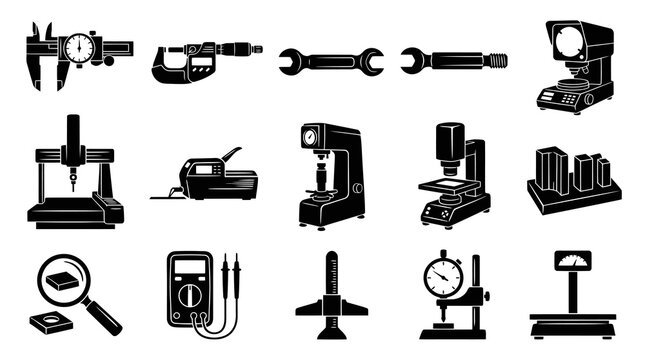 Black and White Icons of Precision Measurement Tools for Industry and Technology
