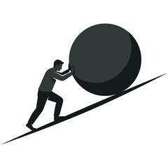Silhouette of man pushing a heavy boulder up a steep incline with struggle © IMAM