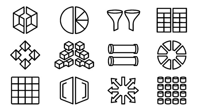 Set of black and white business data visualization icons and geometric infographic elements.