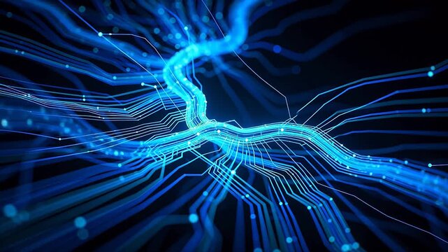 Complex blue glowing network with nodes and circuits on black background