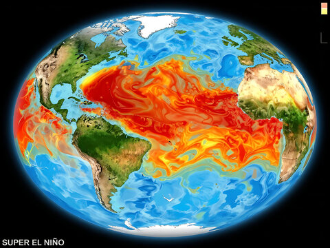 Visual representation of super el nio on a globe with swirling ocean temperatures