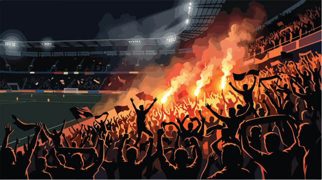 Soccer stadium crowd with burning flares, football fans cheering in arena at night, silhouette of supporters with pyrotechnics and smoke