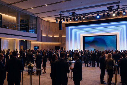 Business gathering takes place in modern conference hall with many people socializing and networking during evening event