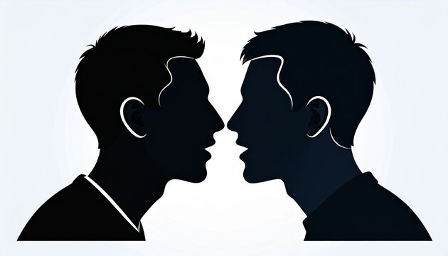 向かい合って会話をする二人の男性のシルエット：対話とコミュニケーションの概念イメージ