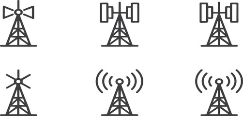 Fototapeta premium Wireless Communication Tower and Telecom Network Signal Icon Set Vector Illustration