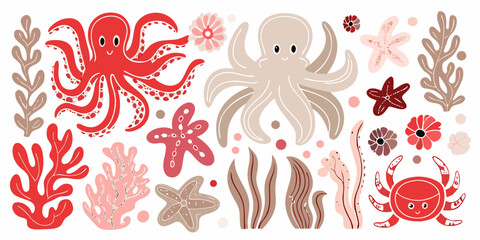 Marine Life Illustration Octopuses Starfish And Coral In A Vector Pattern © krishna