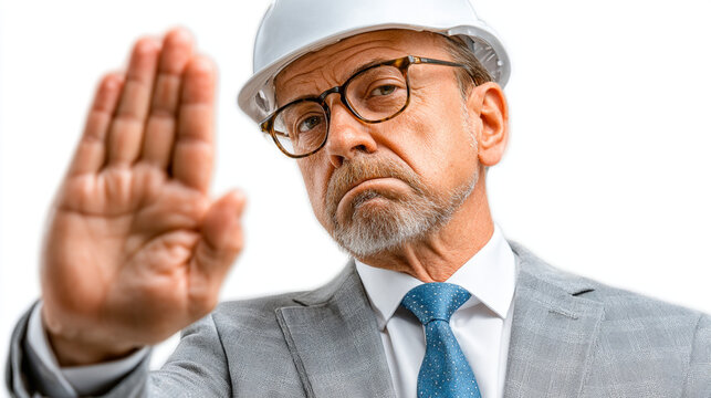 Professional architect or construction manager gesturing stop sign with hard hat