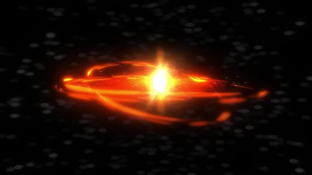 Glowing orange plasma rings rotate around a blazing sun star core in a cosmic 3D animation loop depicting energy or nuclear fusion