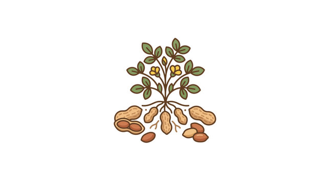 Peanut Plant Illustration with Pods and Seeds on White Background