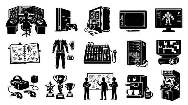 Video Game Development  Gaming Industry Black  White Glyph Icons Set - Tools, Equipment  Concepts