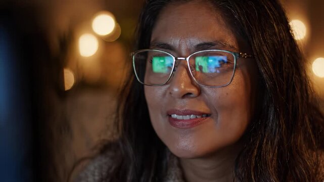 A South Asian woman wearing glasses with digital screen reflections gazes forward with a subtle smile, lit by warm bokeh lights, conveying focused engagement in a tech-driven work environment.