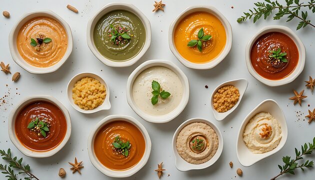 Various colorful bowls of healthy vegetable soup and hummus dips arranged on a light surface. dip sauce variations