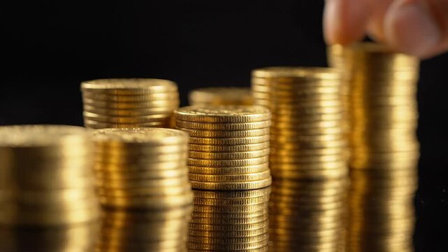 Gold coins stacked in ascending columns against dark backdrop as a hand places another coin atop the tallest pile, symbolizing financial growth, investment success, and wealth accumulation.
