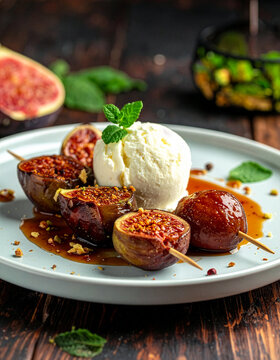 brochette de figues fraiches avec boule de glace &agrave; la vanille