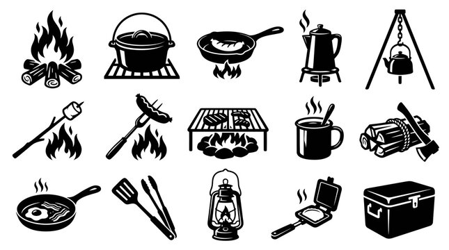 Camping and Outdoor Cooking Black  White Glyph Icons Set for Campfire BBQ and Wilderness Food Adventure.