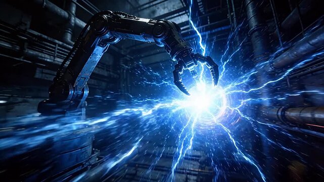 Robotic arm touching glowing energy orb with blue lightning in dark industrial factory