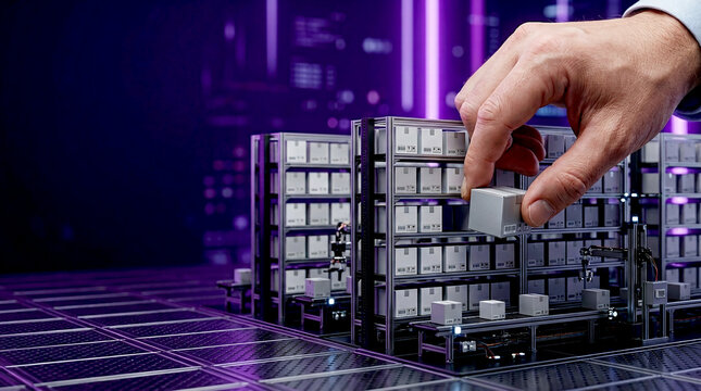 Human hand interacts with miniature automated warehouse. This retail tech innovation concept visualizes smart logistics future fulfillment and efficient supply chain optimization