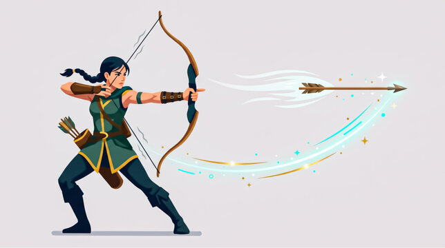 Female archer aiming a magical glowing arrow