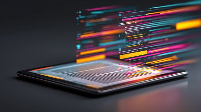 A tablet with vibrant, colorful digital data streams emerging from the screen, symbolizing fast information transfer and modern technology, gadgets on abstract background
