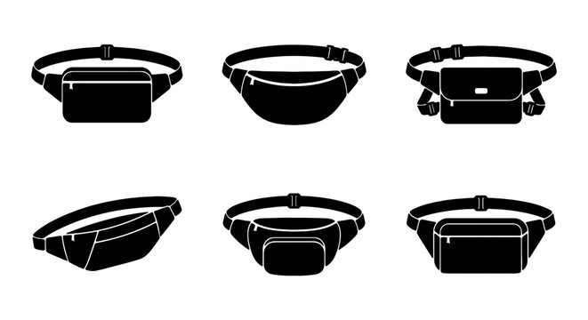Black Fanny Pack Icons, Waist Bag Vector Set, Belt Pouch Collection, Modern Hip Pack Graphics