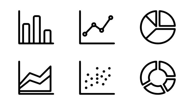 Data Visualization Icons: Bar, Line, Pie Charts & Scatter Plot Vector Set