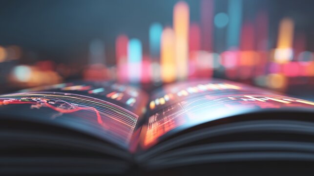 An open book with glowing, colorful bar graphs rising from its pages, symbolizing data visualization and knowledge in a digital and modern context, gadgets on abstract background
