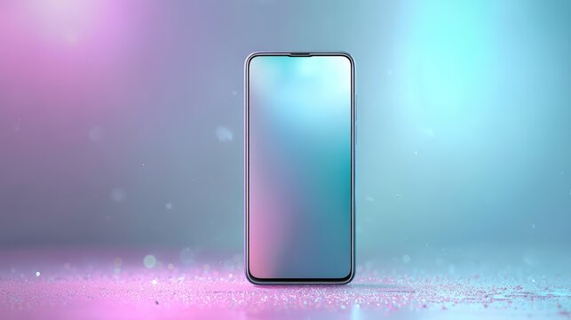 A sleek smartphone stands upright on a sparkly surface with a gradient pastel background blending pink and blue hues, gadgets on abstract background