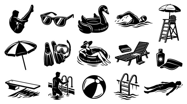 Black and White Vector Icons of Summer Pool and Beach Activities