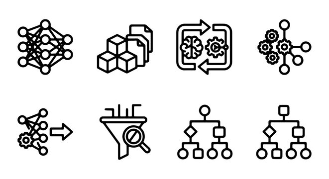 AI and Machine Learning Icons Set: Neural Networks, Data Cubes, Algorithms, Flowcharts