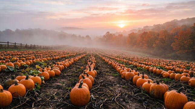 Scenic pumpkin patch at sunrise with morning fog and autumn foliage