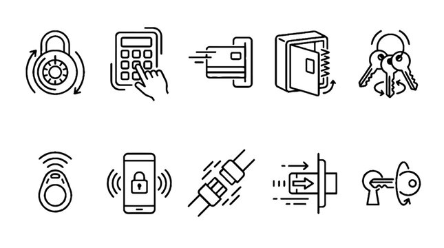 Security and Access Control Line Icon Set Featuring Locks Keys and Digital Protection Symbols.