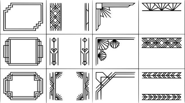 Art deco frames collection with geometric line borders retro 1920s luxury patterns and abstract divider elements vector graphic