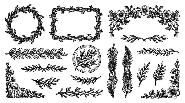 Rustic hand drawn floral frames set with botanical borders wedding wreaths and organic line art dividers vector sketch